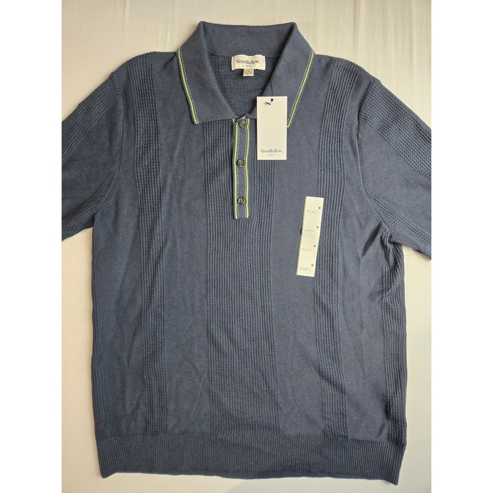 Goodfellow & Co Mens Blue Textured Knit Polo Shirt Short Sleeve Lime Trim M